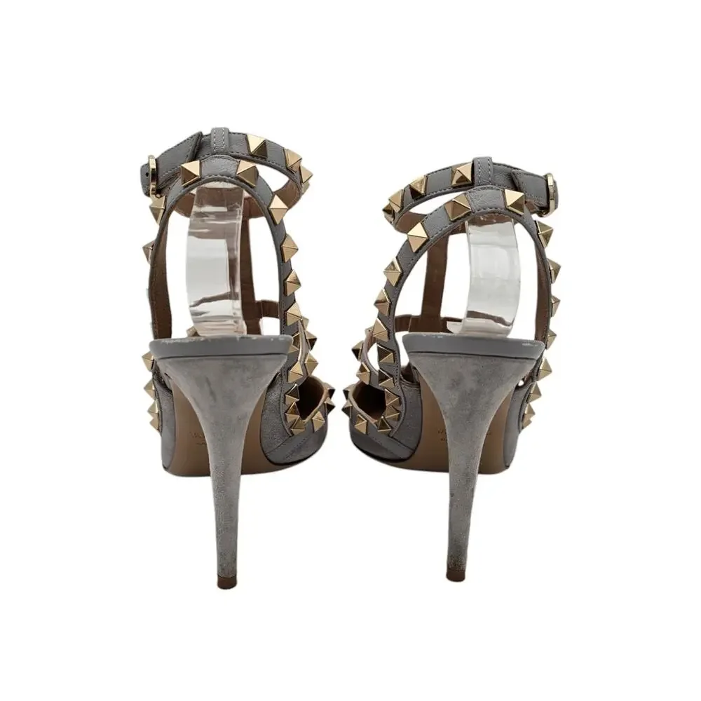 Valentino Garavani Rockstud Cage Heel Pump T Strap Gray Suede Gold Size 38 US 8